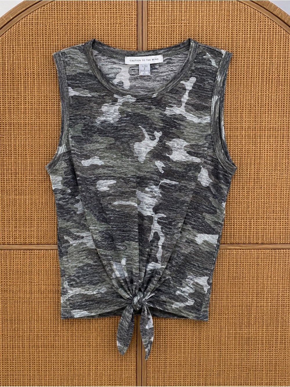 Caution To The Wind Camouflage Tie-Front Tank Top